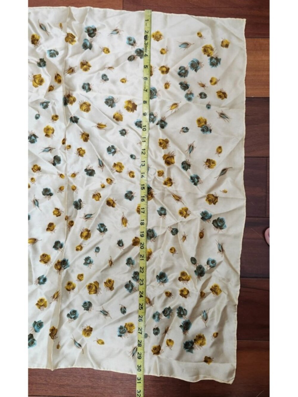 Vintage Floral Silk Scarf Square Cream Blue Yellow Rose Print Neck Hair Head 30' - Picture 5 of 7